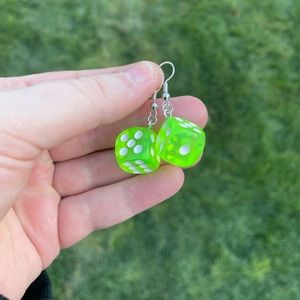 Lime Green Resin Dice Earrings with Silver Accents